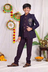Violet boys suit set with gold piping and flower design