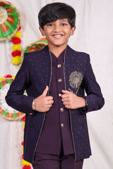 Violet boys suit set with gold piping and flower design