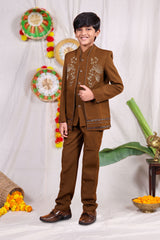 Brown boys suit set with gold piping and flower design