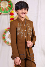 Brown boys suit set with gold piping and flower design