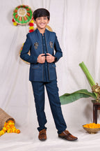 Blue boys suit set with gold piping and flower design