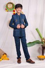 Blue boys suit set with gold piping and flower design