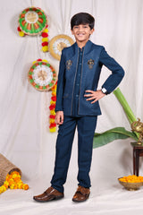 Blue boys suit set with gold piping and flower design
