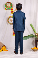 Blue boys suit set with gold piping and flower design