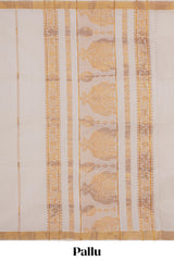 Cream zari striped design kerala cotton saree with self zari border and matching blouse