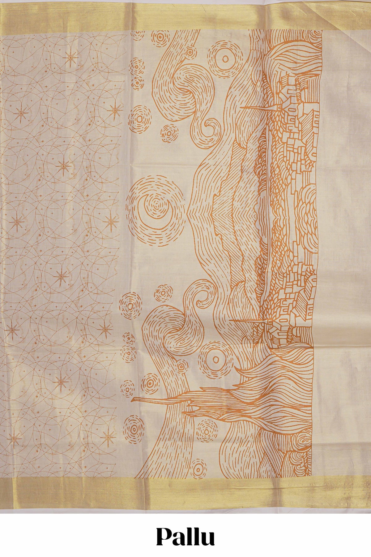 Cream unique design kerala cotton saree with self zari border and matching blouse