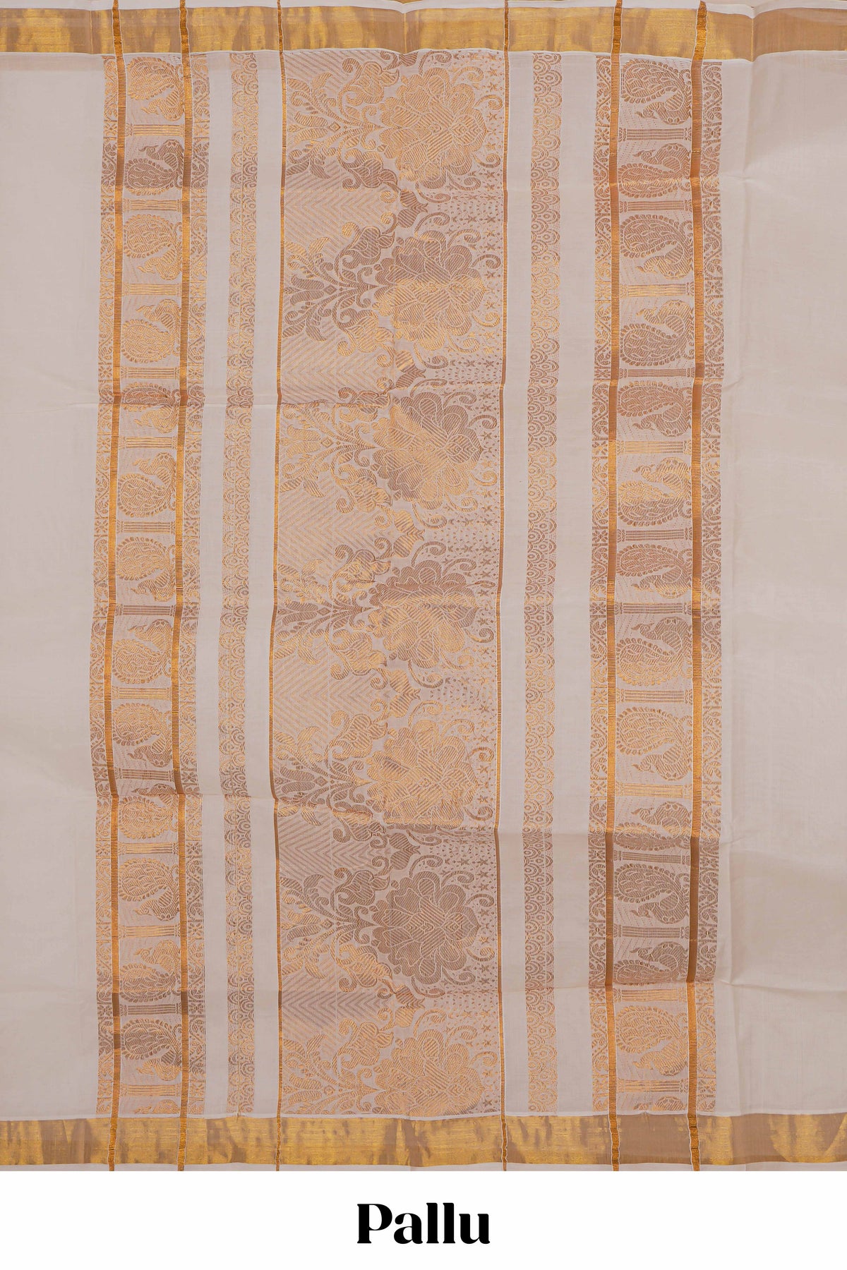 Cream zari striped design kerala cotton saree with self zari border and matching blouse