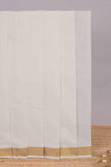 Cream plain design kerala cotton saree with self zari border and peacock design pallu