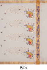 Cream plain design kerala cotton saree with self zari border and peacock design pallu