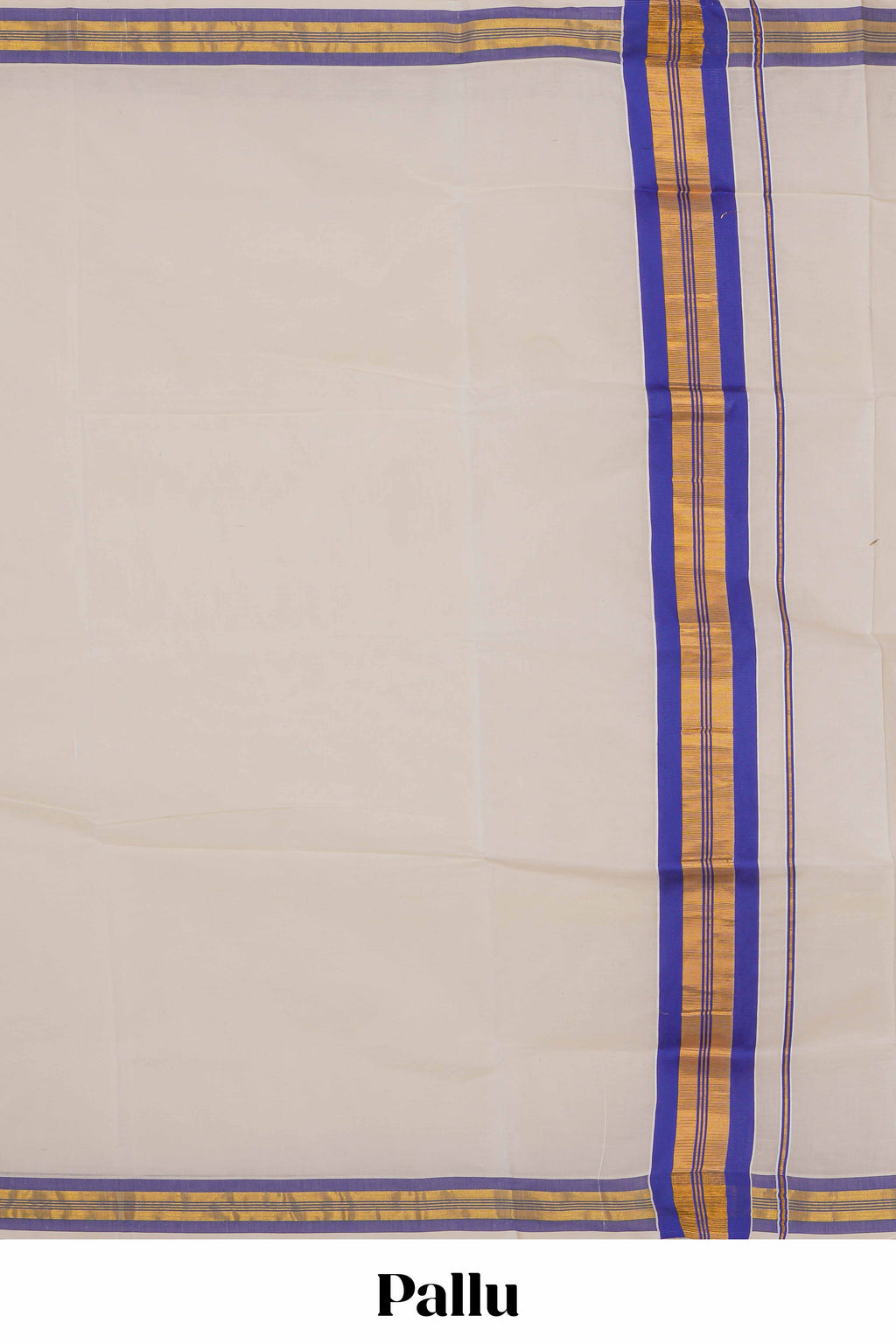 Cream plain design kerala cotton saree with self zari border and striped pallu