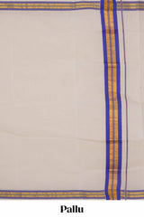Cream plain design kerala cotton saree with self zari border and striped pallu
