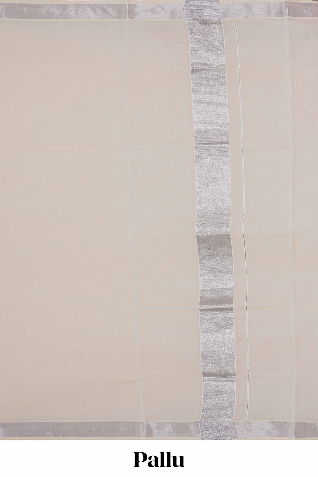 Cream plain design kerala cotton saree with self silver zari border and matching blouse