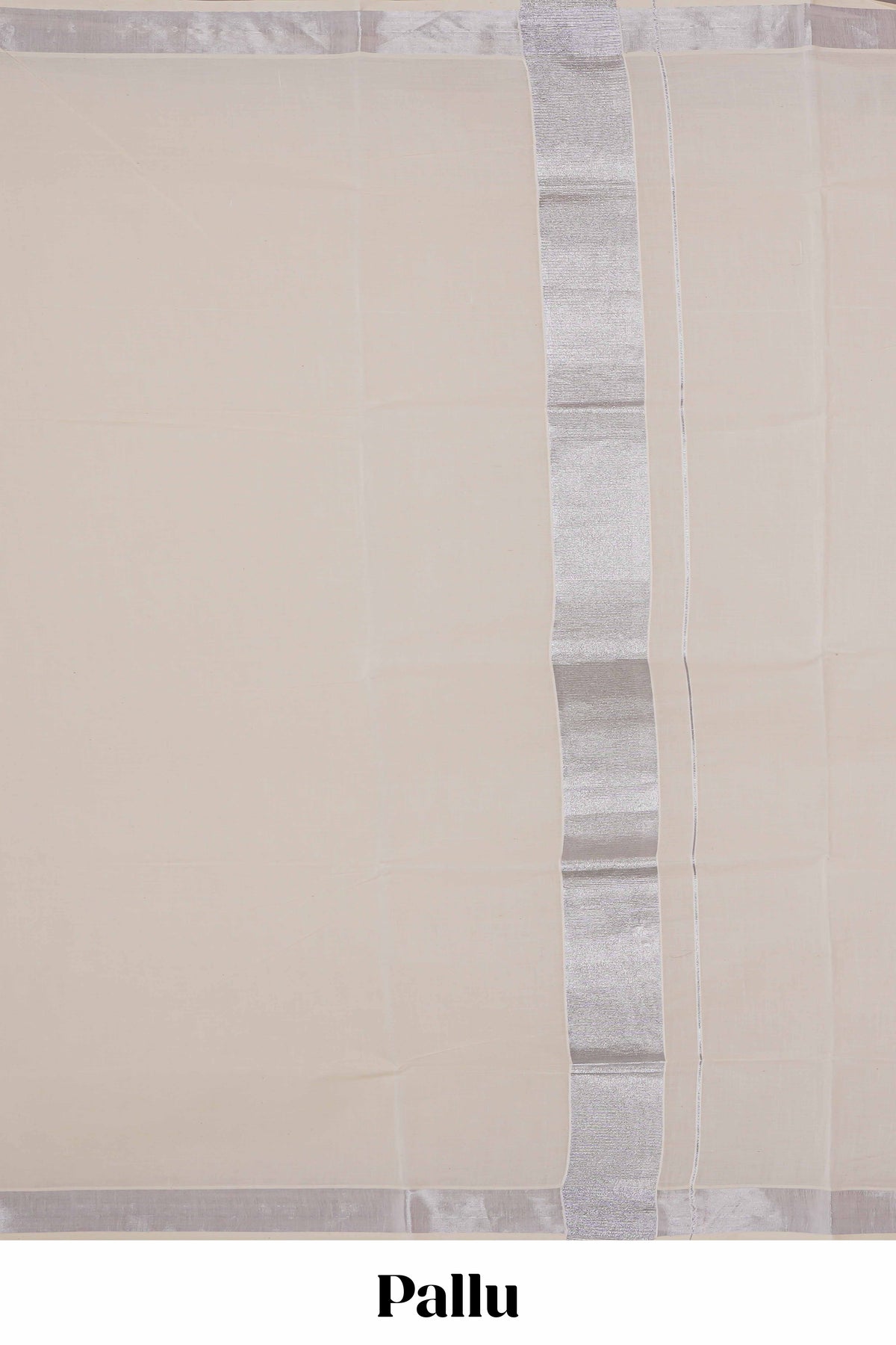 Cream plain design kerala cotton saree with self silver zari border and matching blouse