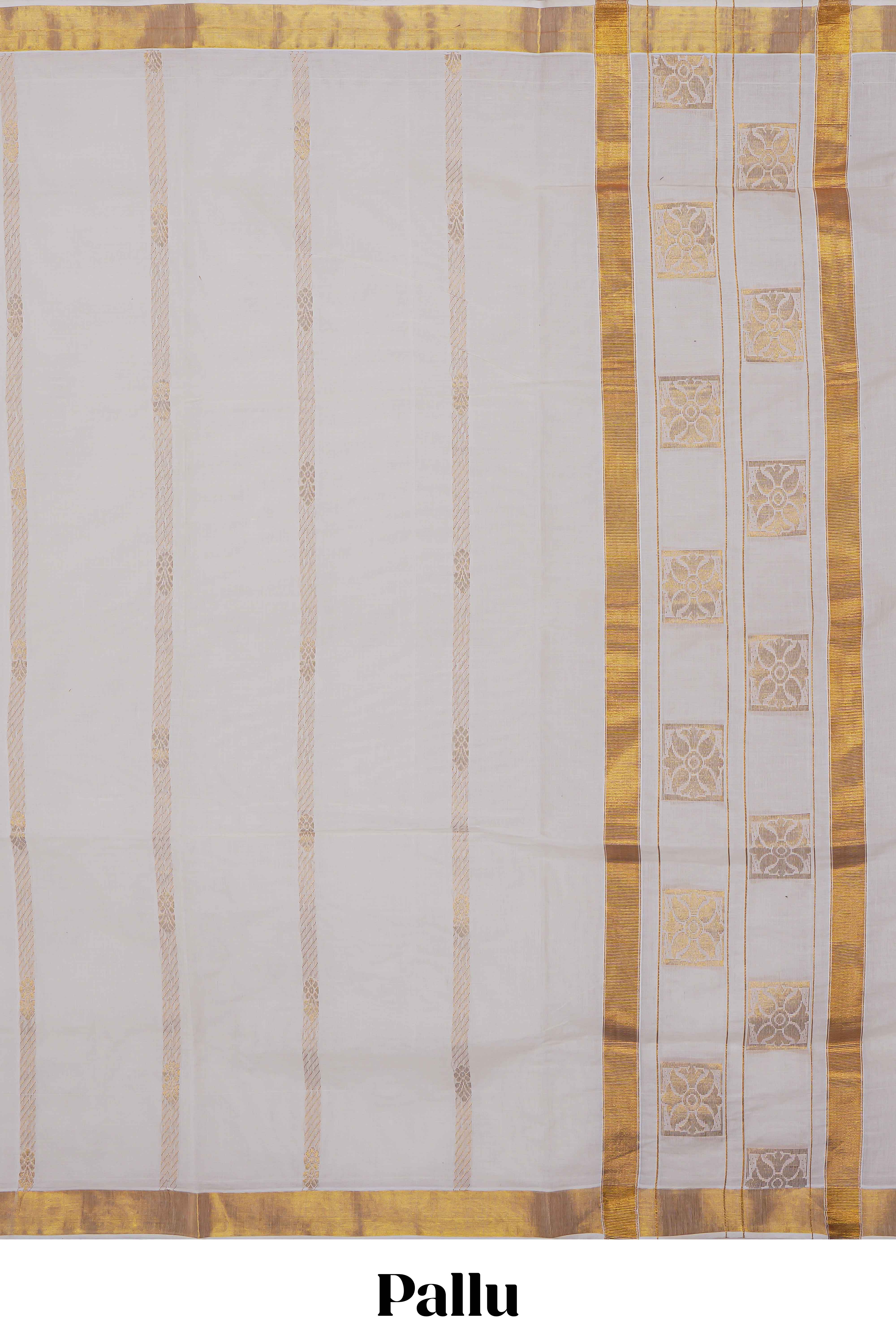 White plain design kerala cotton saree with self zari border and matching blouse