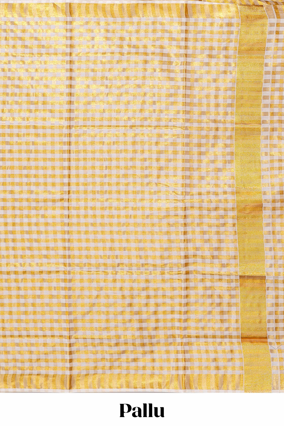 Cream golden zari checked design kerala cotton saree with self zari border and matching blouse