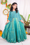 Girls Teal Green Foil Print Indo Western Lehenga Gown with Matching Embroidered Shrug Jacket