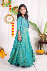 Girls Teal Green Foil Print Indo Western Lehenga Gown with Matching Embroidered Shrug Jacket