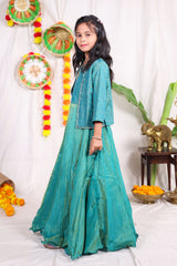 Girls Teal Green Foil Print Indo Western Lehenga Gown with Matching Embroidered Shrug Jacket