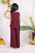 Girls maroon sleeveless stone work vest with wide-leg pants set
