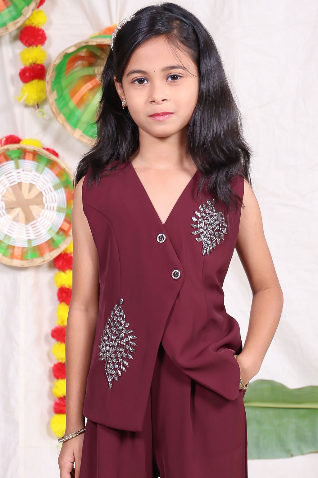 Girls maroon sleeveless stone work vest with wide-leg pants set