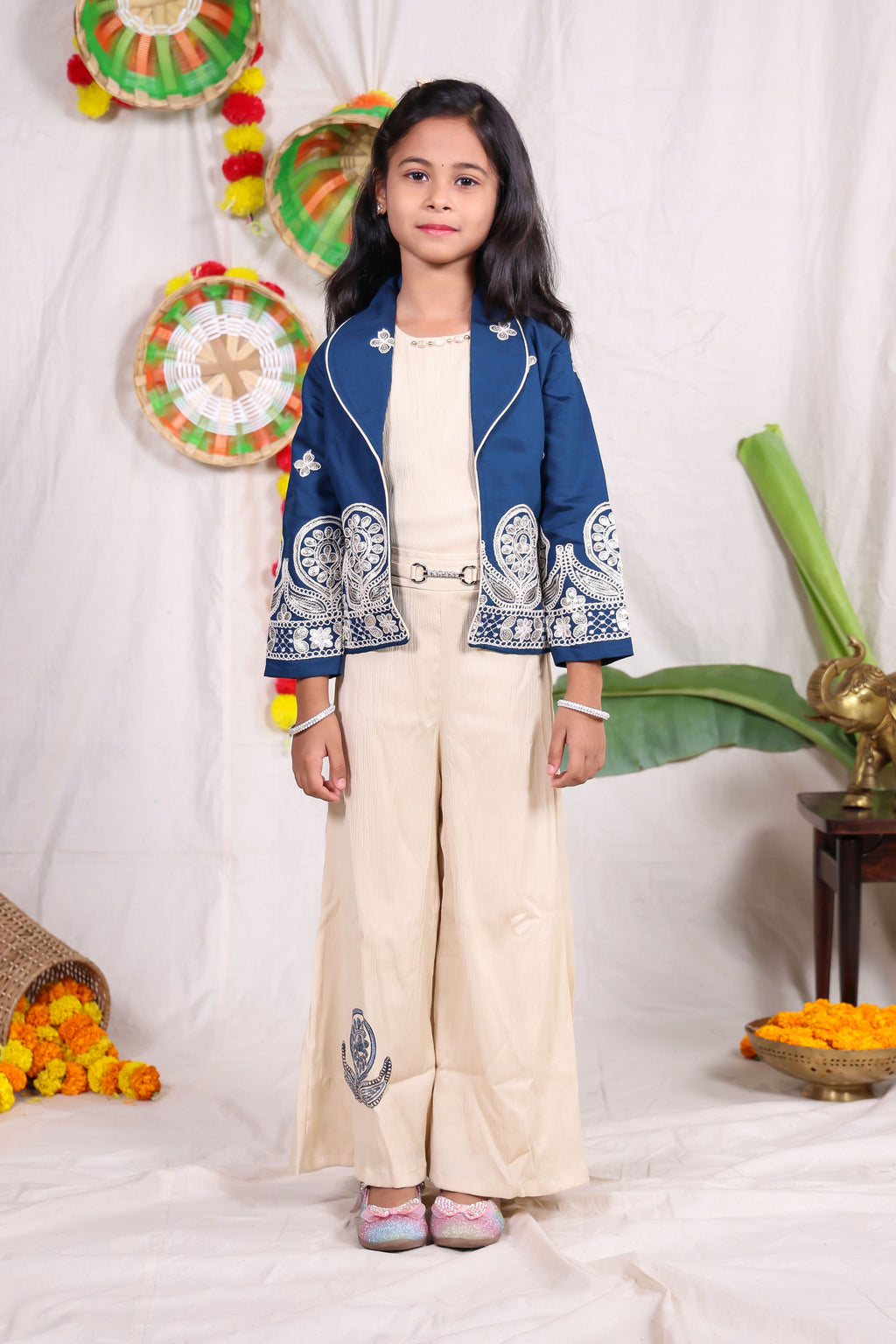 Navy Blue Embroidered Jacket Style Co-Ord Set with Cream Palazzo Pants