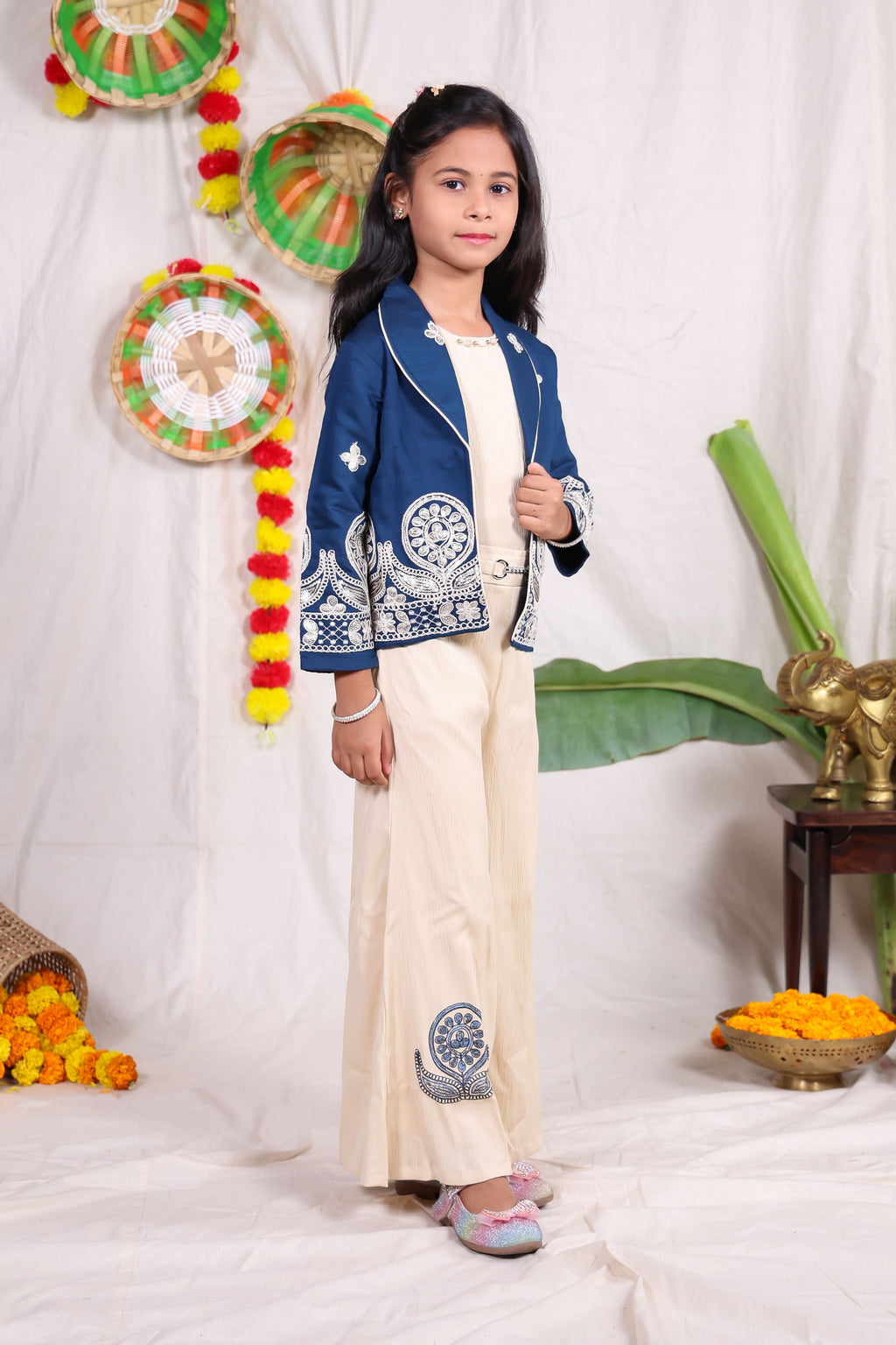 Navy Blue Embroidered Jacket Style Co-Ord Set with Cream Palazzo Pants