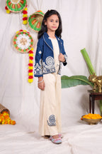 Navy Blue Embroidered Jacket Style Co-Ord Set with Cream Palazzo Pants
