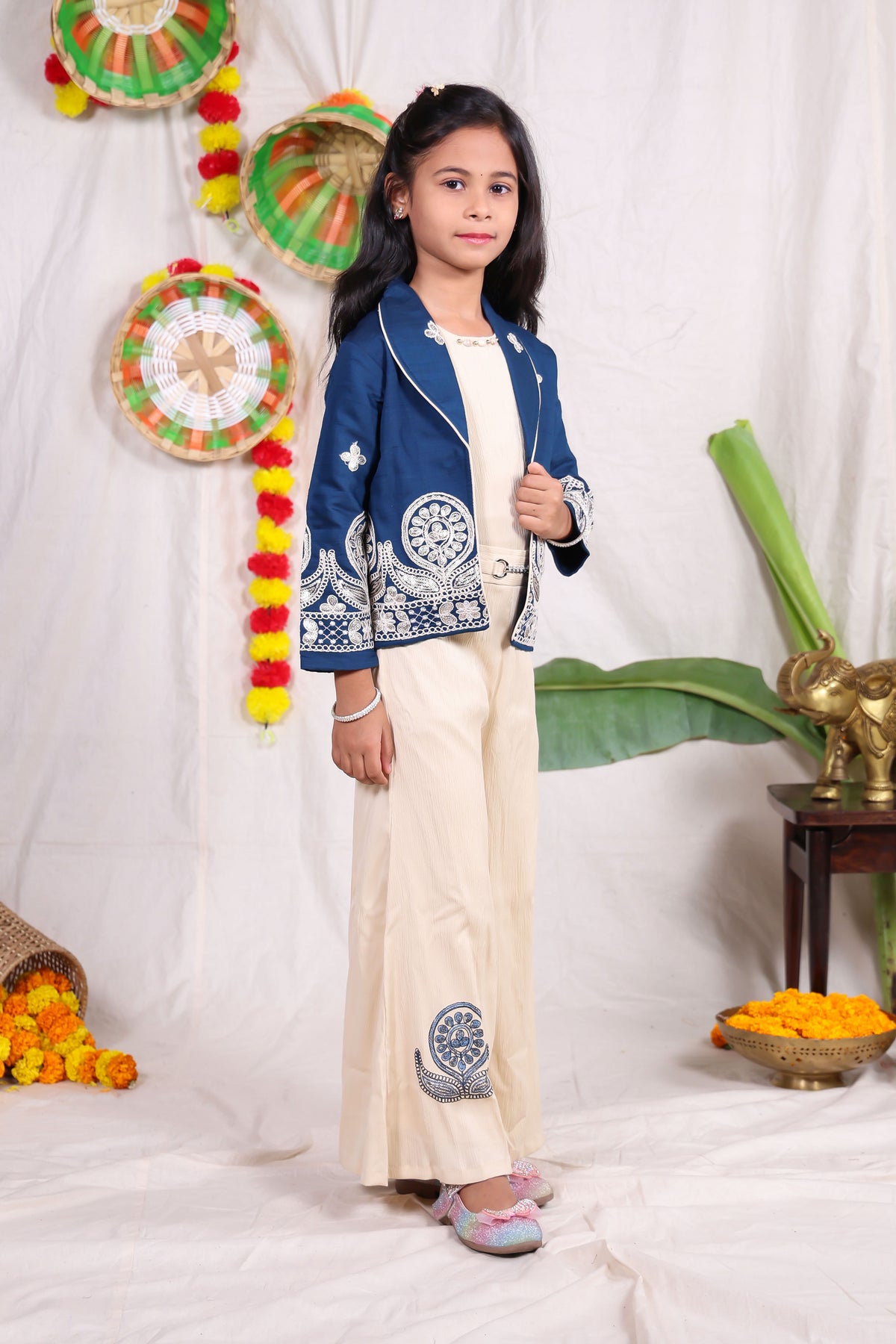 Navy Blue Embroidered Jacket Style Co-Ord Set with Cream Palazzo Pants