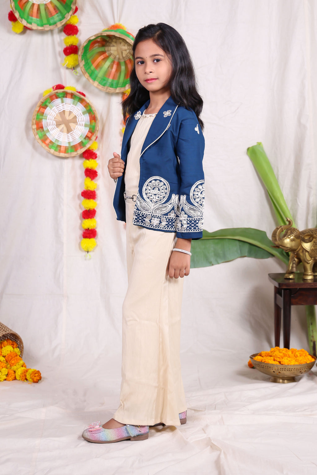 Navy Blue Embroidered Jacket Style Co-Ord Set with Cream Palazzo Pants
