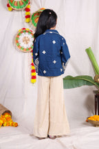 Navy Blue Embroidered Jacket Style Co-Ord Set with Cream Palazzo Pants