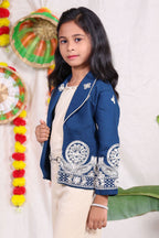 Navy Blue Embroidered Jacket Style Co-Ord Set with Cream Palazzo Pants
