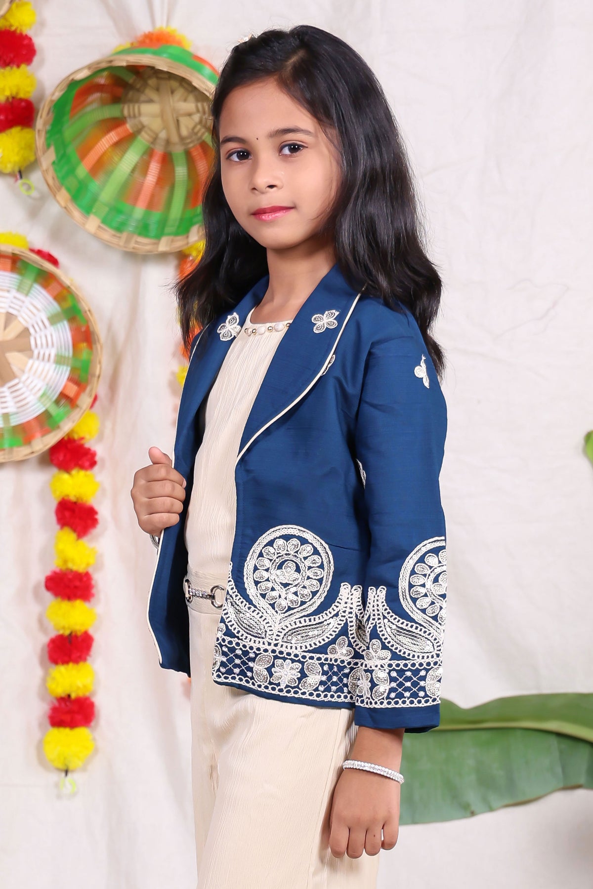 Navy Blue Embroidered Jacket Style Co-Ord Set with Cream Palazzo Pants