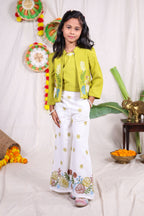Girls Lime Green and White Indo Western Co-Ord Set with Embroidered Jacket and Flared Palazzo Pants