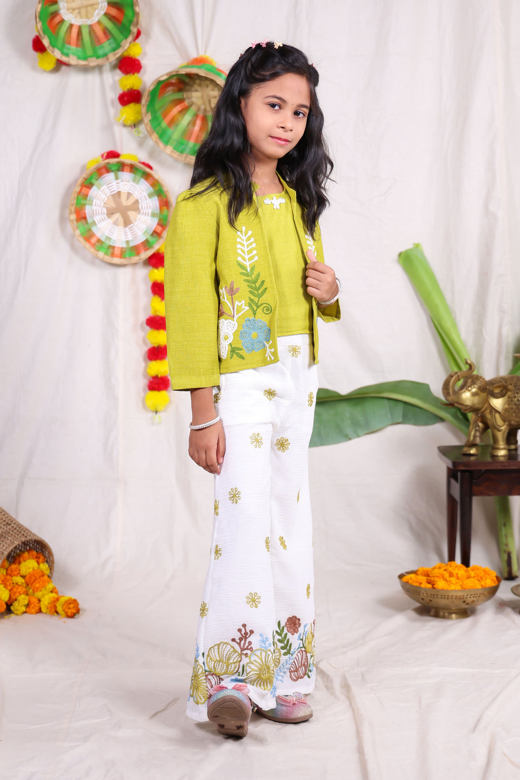 Girls Lime Green and White Indo Western Co-Ord Set with Embroidered Jacket and Flared Palazzo Pants