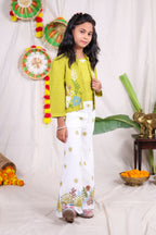 Girls Lime Green and White Indo Western Co-Ord Set with Embroidered Jacket and Flared Palazzo Pants