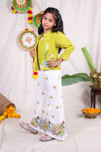 Girls Lime Green and White Indo Western Co-Ord Set with Embroidered Jacket and Flared Palazzo Pants