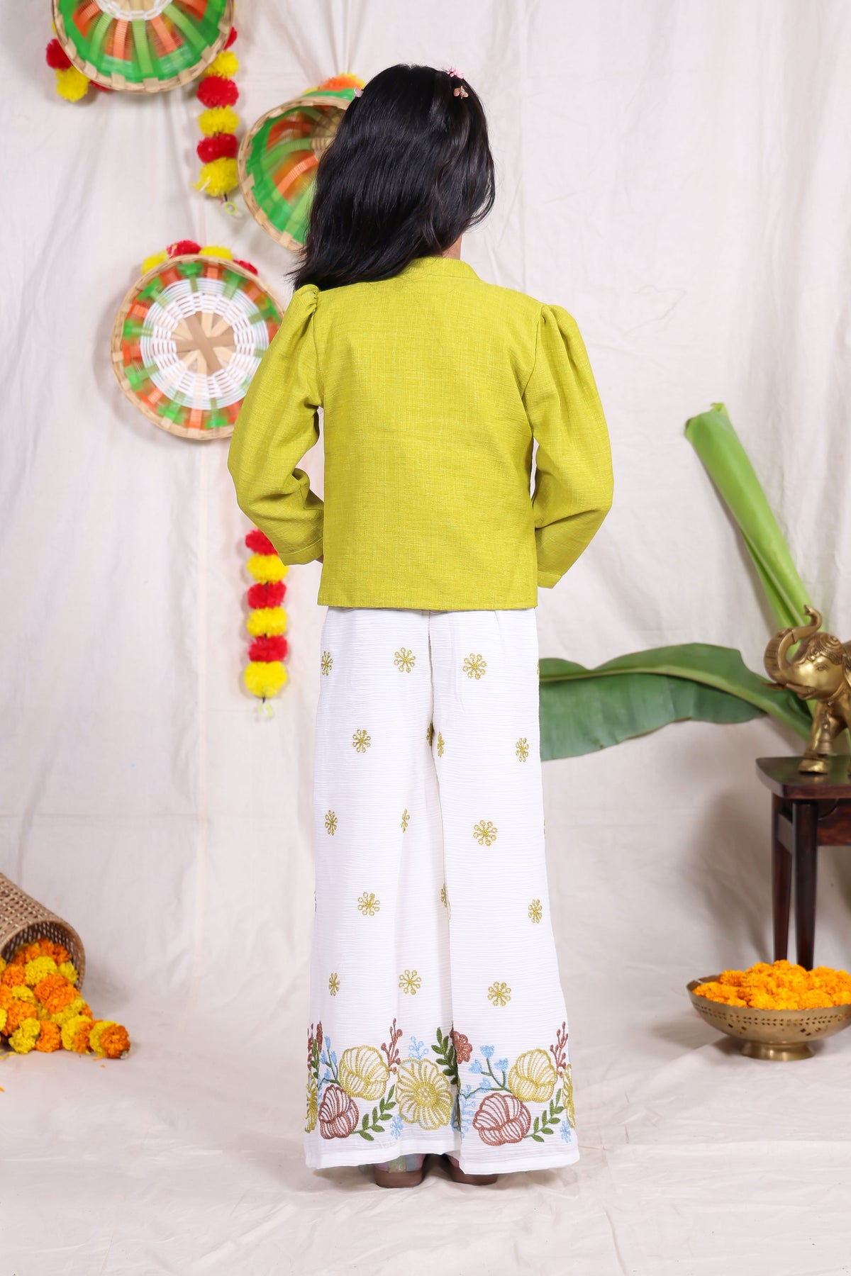 Girls Lime Green and White Indo Western Co-Ord Set with Embroidered Jacket and Flared Palazzo Pants