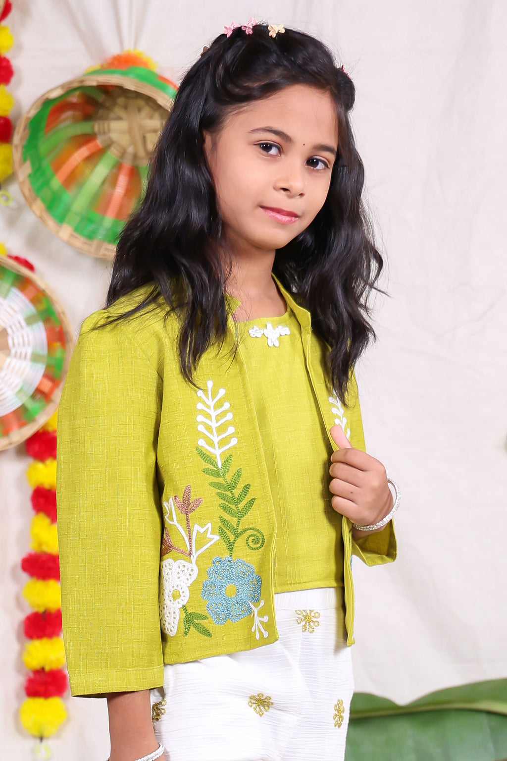 Girls Lime Green and White Indo Western Co-Ord Set with Embroidered Jacket and Flared Palazzo Pants
