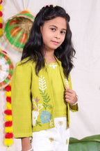 Girls Lime Green and White Indo Western Co-Ord Set with Embroidered Jacket and Flared Palazzo Pants