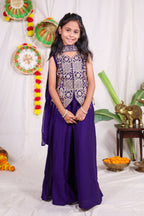 Girls Violet Indo Western Sharara Set with Heavily Embroidered Sleeveless Shrug Jacket and Chiffon Dupatta