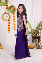 Girls Violet Indo Western Sharara Set with Heavily Embroidered Sleeveless Shrug Jacket and Chiffon Dupatta