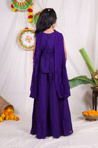 Girls Violet Indo Western Sharara Set with Heavily Embroidered Sleeveless Shrug Jacket and Chiffon Dupatta