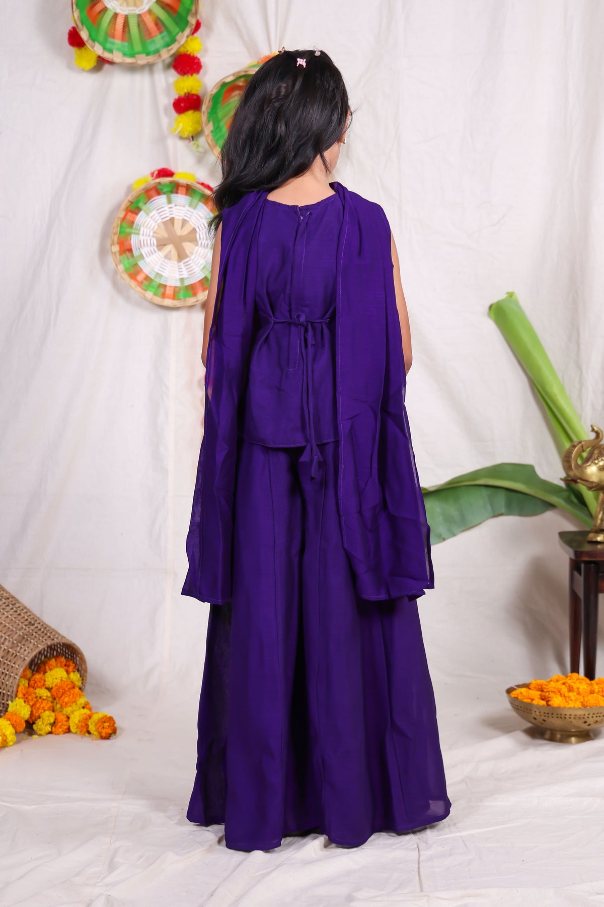 Girls Violet Indo Western Sharara Set with Heavily Embroidered Sleeveless Shrug Jacket and Chiffon Dupatta