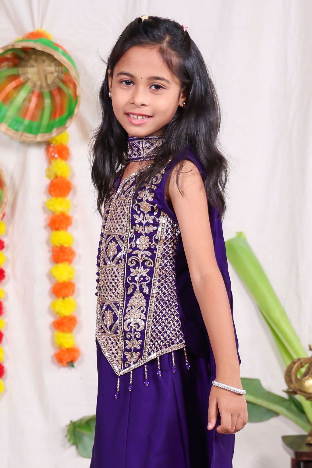 Girls Violet Indo Western Sharara Set with Heavily Embroidered Sleeveless Shrug Jacket and Chiffon Dupatta