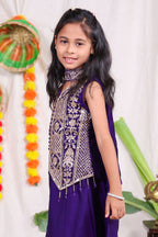 Girls Violet Indo Western Sharara Set with Heavily Embroidered Sleeveless Shrug Jacket and Chiffon Dupatta