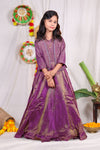 Girls purple foil print indo Western lehenga gown with matching embroidered shrug jacket