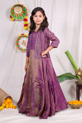 Girls purple foil print indo Western lehenga gown with matching embroidered shrug jacket