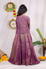 Girls purple foil print indo Western lehenga gown with matching embroidered shrug jacket