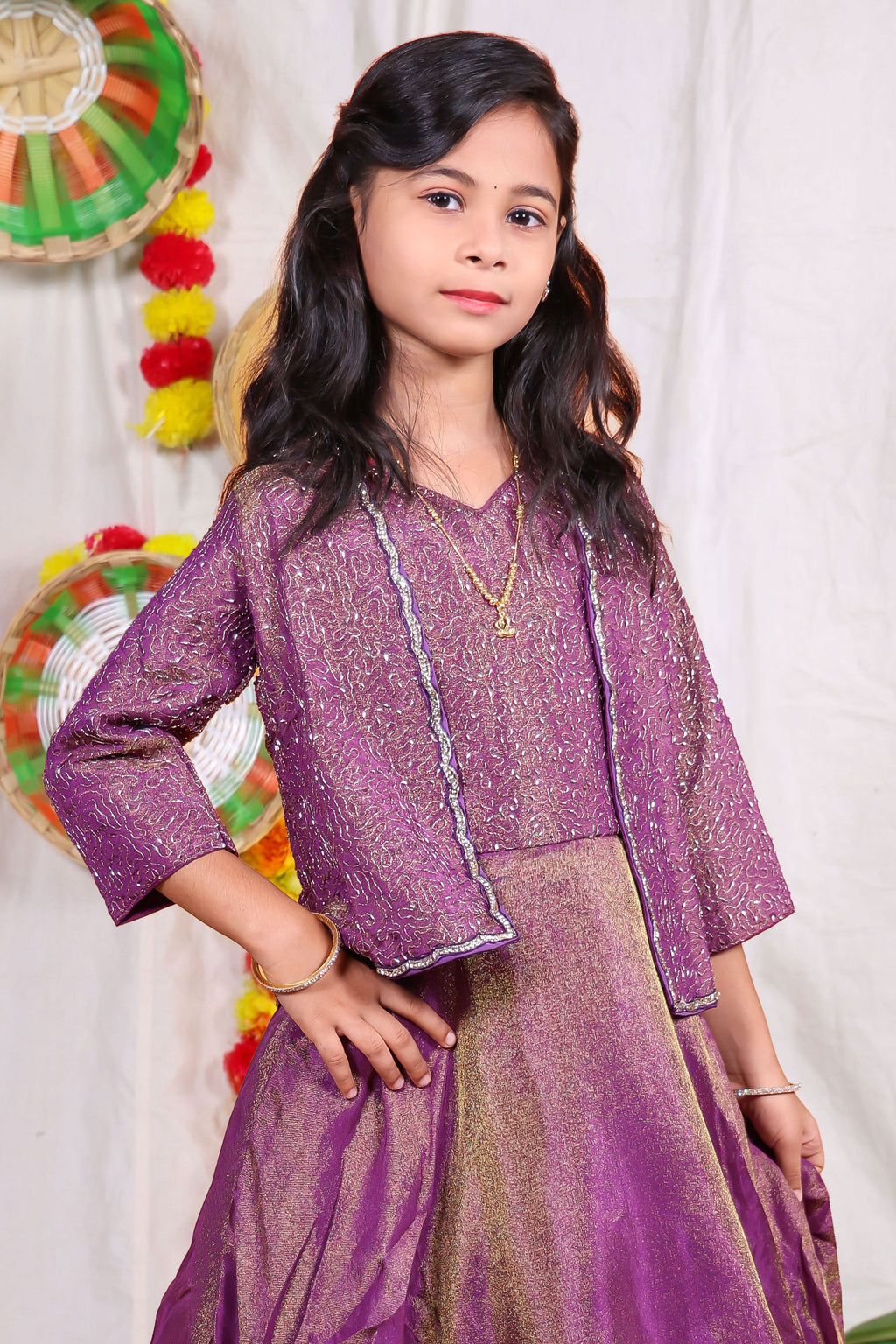 Girls purple foil print indo Western lehenga gown with matching embroidered shrug jacket