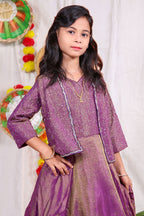 Girls purple foil print indo Western lehenga gown with matching embroidered shrug jacket